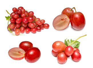 Fresh red grapes isolated on white background, Red grapes with fresh leaves, isolated on white background