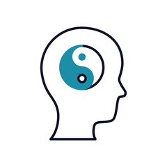 mental health concept, yin yang symbol inside human head icon, half line half color style
