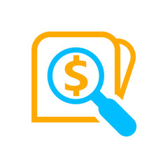 magnifying glass with dollar currency money search icon, dollar coin with magnifying glass for button app, research icon blue on orange wallet, dollar money symbol in search symbol isolated on white