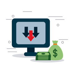 computer with financial arrows and money bag and bills, colorful design