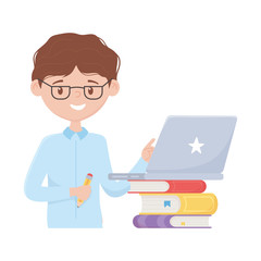 School boy with pencil laptop and books vector design