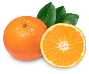 Fresh orange isolated on a white background, Mandarin orange with green leaf isolated on white background, clipping path.
