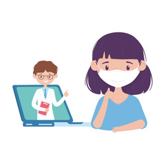 Isolated man doctor inside laptop and woman with mask vector design