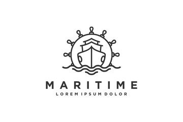 Maritime ship logo design steering wheel shape with water ocean wave element line style. © Muamanah