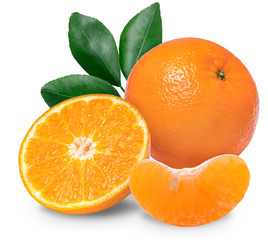 Fresh orange isolated on a white background, Mandarin orange with green leaf isolated on white background, clipping path.