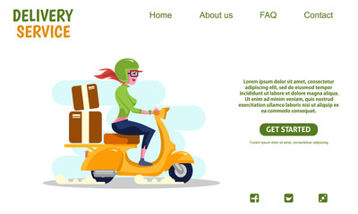 Landing page design. Beauty girl riding yellow scooter vintage motorcycle carrying boxes delivery service. Web banner design, scooter club, Flat style illustration. Scalable and editable vector.
