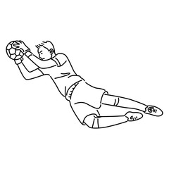 Jumping football goalkeeper catches the ball. Soccer player line art isolated on white background