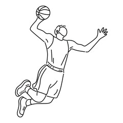 Basketball player dunking graphic vector. Line art vector illustration isolated on white background