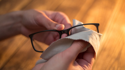 Glasses for sight and vision correction wiped off dust and grease