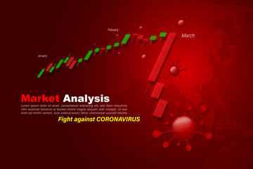 covid-19 Outbreak Market Analysis Economic Crisis. Down trend candlestick chart currency economy with world map.