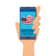 hand using medicine online in smartphone for covid 19 in usa vector illustration design