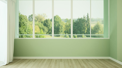 Fototapeta premium Green empty room and forest view for residential business. Relax area in empty room and meadow view .Interior simple design. 3D Rendering.