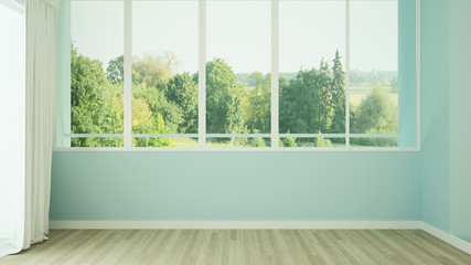 Light blue empty room and forest view for residential business. Relax area in empty room and meadow view .Interior simple design. 3D Rendering.