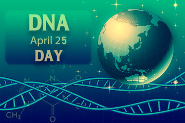  April 25, international DNA day. human DNA molecule on abstract green blackboard background