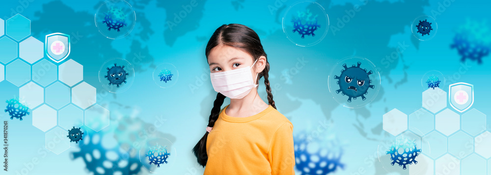 Wall mural little girl child in medical mask with coronavirus covid-19 concepts background