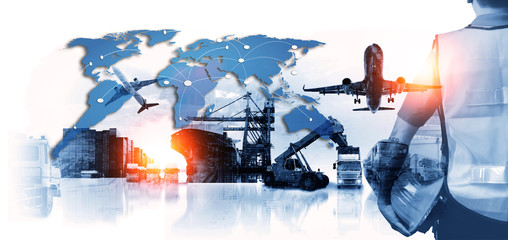 World map with logistic network distribution on background. Logistic and transport concept in front Logistics Industrial Container Cargo freight ship for Concept of fast or instant shipping Online 