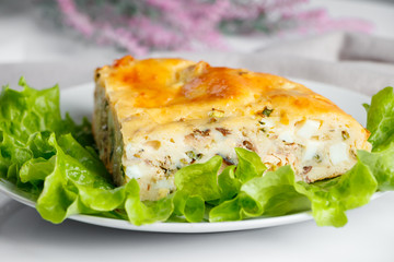 Homemade fish pie with greens on a plate. Mediterranean dish on a white background.