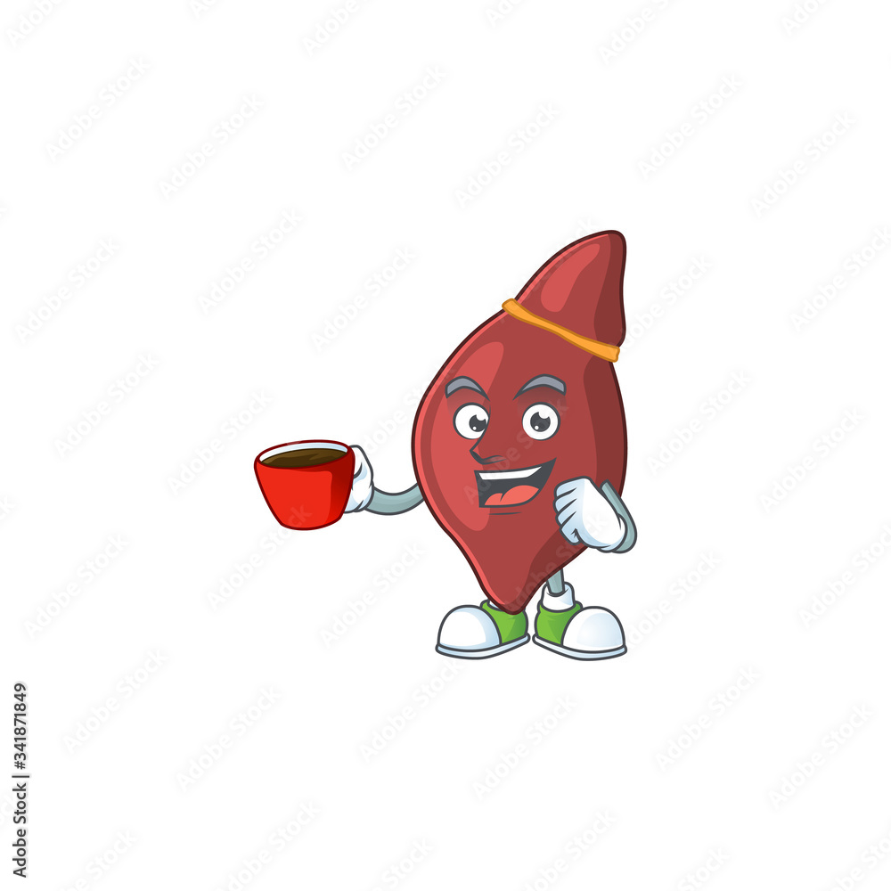 Sticker An image cartoon character of liver with a cup of coffee