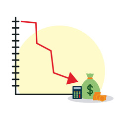 graphic chart with descending arrow and money bag icon, colorful design