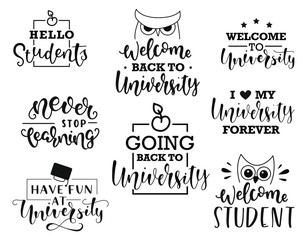 Welcome to university. Set for students. Vector stock illustration isolated on white background . Hand writing words for social media, banner, poster, prints, sticker, t-shirt