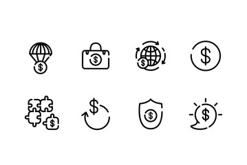 Business and finance outline icon set - money symbols isolated on white background - dollars, piggy bank, financial graph, banknotes, coins and different pictograms for business app, web site