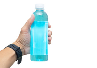 alcohol sanitizer bottle hold hand on white background clipping path