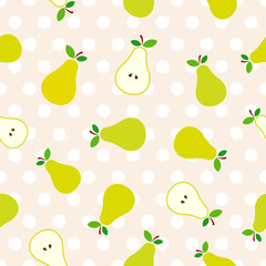 Pears illustration with polka dots pink background seamless pattern