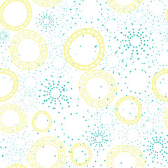 Fireworks, dots and circles in yellow and blue seamless vector repeat surface design