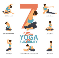 Infographic of 7 Sitting Yoga poses for Easy yoga at home in concept of flexibility in flat design. Beauty woman is doing exercise for body stretching. Set of yoga at home infographic . Yoga Vector