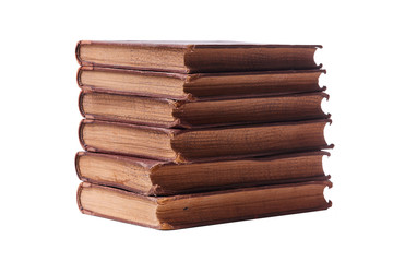 Stack of old books isolated on white background