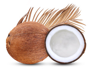Fresh raw coconut with leaves isolated on white background.