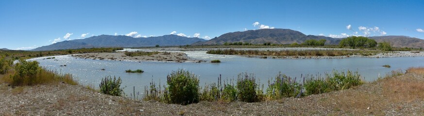 Panorama of the river near Omarama, New Zealand