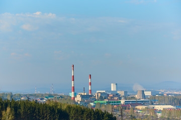 Fototapeta na wymiar View of industrial enterprises located in the city of Miass, Chelyabinsk region, in the southern Urals.