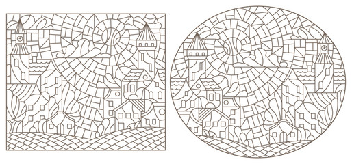 Set contour illustrations of the stained glass Windows with city scenery, darc contours on a white background