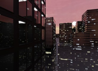 Fototapeta na wymiar Night megapolis. Skyscrapers and a beautiful sky. Dark city landscape. 3D rendering.
