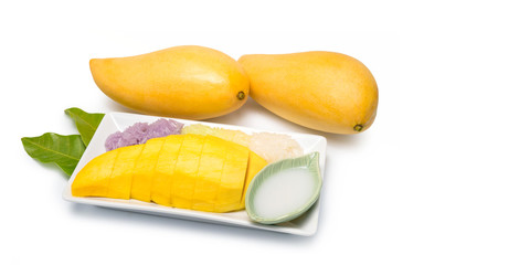 Thai dessert sweet sticky rice with mango coconut milk on white background