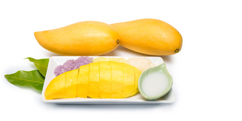 Thai dessert sweet sticky rice with mango coconut milk on white background