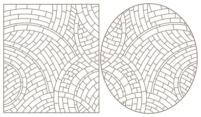 Set of abstract backgrounds contour stained glass, dark outlines on a white background, oval and rectangular images