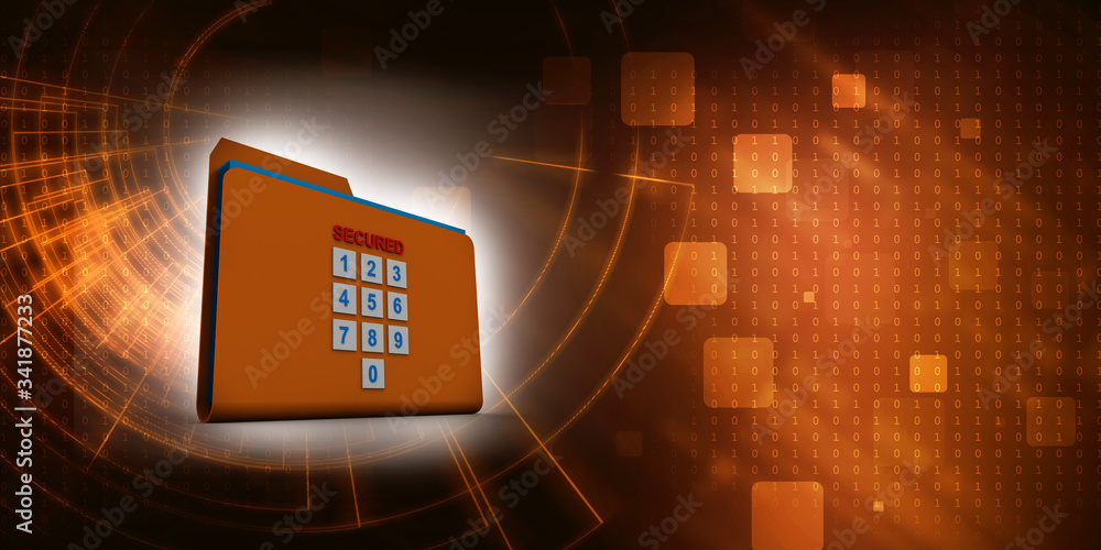 Poster yellow folder and lock. data security concept. 3d rendering