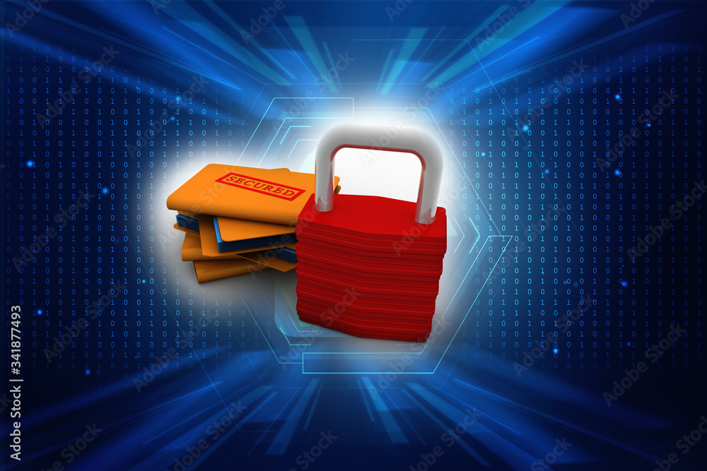 Poster yellow folder and lock. data security concept. 3d rendering