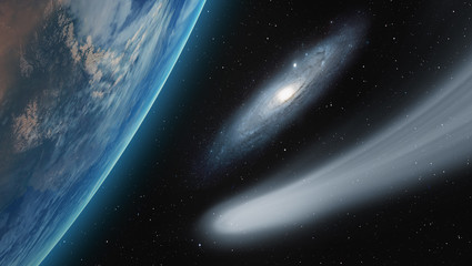 Comet on the space with Andromeda galaxy