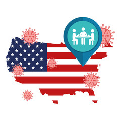 map of usa with meeting of people and particles covid 19 vector illustration design