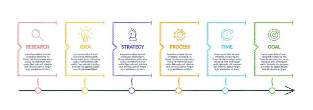 Concept of arrow business model with 6 successive isometric steps. Six colorful graphic elements. Timeline design for brochure, presentation. Infographic design layout