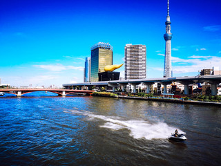 TOKYO, JAPAN - APRIL 12, 2018: View of the City of Tokyo with Tokyo Skytree which is the tallest tower in the world and the tallest structure in Japan by Sumida River 

