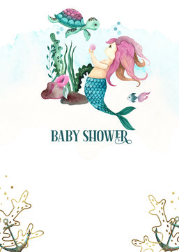 Watercolor hand painted baby shower card with cute little mermaid, sea turtle, starfish, corals, seaweed, flowers, shells, fish