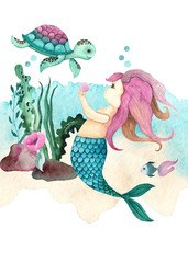 Obraz na płótnie Canvas Watercolor Little Mermaid hand painted card with cute little mermaid, sea turtle, whale, starfish, corals, seaweed, flowers, shells, anchor, fish
