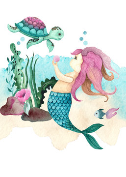 Watercolor Little Mermaid hand painted card with cute little mermaid, sea turtle, whale, starfish, corals, seaweed, flowers, shells, anchor, fish