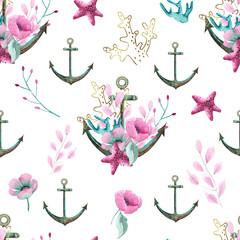 Watercolor Little Mermaid hand painted seamless pattern with sea turtle, whale, starfish, corals, seaweed, flowers, shells, anchor, fish