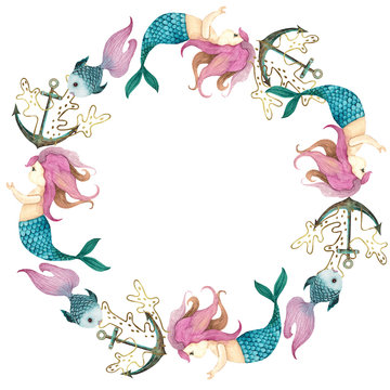 Watercolor Little Mermaid hand painted wreath with cute little mermaid, sea turtle, whale, starfish, corals, seaweed, flowers, shells, anchor, fish