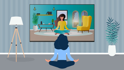 The girl in the office is engaged in meditation. Girl watching yoga lesson on tv. Vector.